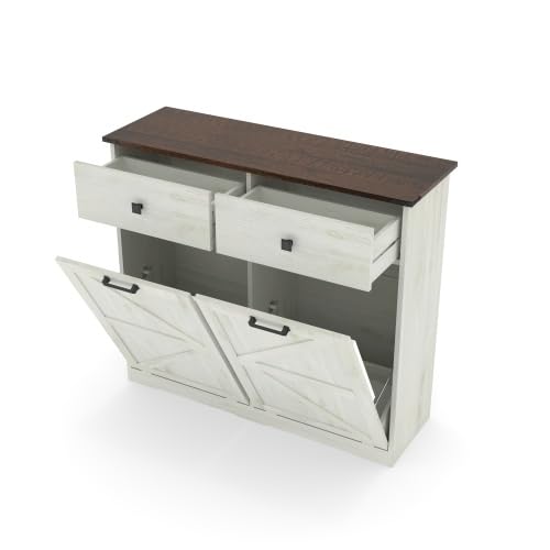 White Free Standing 2x10 Gallons Tilt Out Trash Can Cabinet Q24329