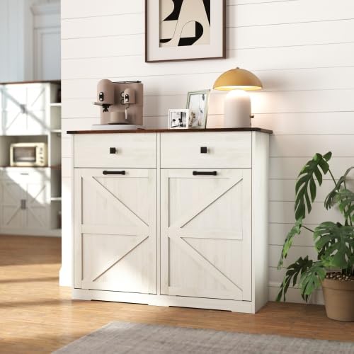 White Free Standing 2x10 Gallons Tilt Out Trash Can Cabinet Q24329