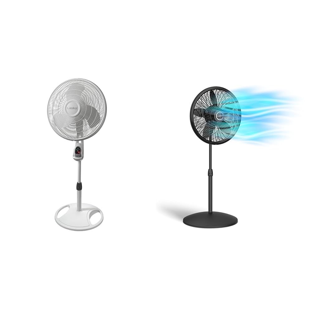 16" White Oscillating Pedestal Fan with Remote and 18" Black Adjustable Pedestal Fan V411