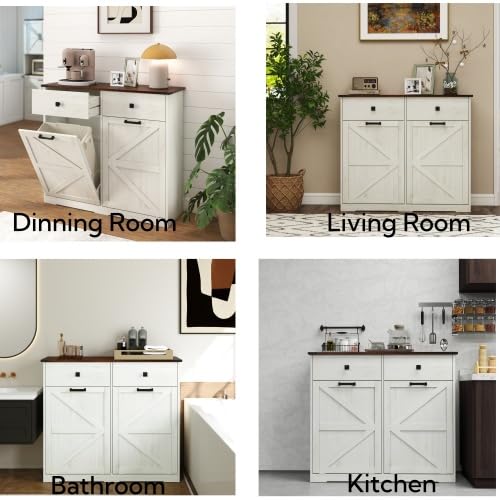 White Free Standing 2x10 Gallons Tilt Out Trash Can Cabinet Q24329