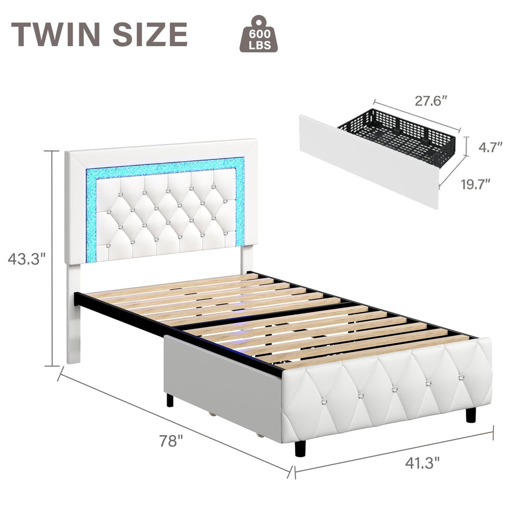 White Twin Bed Frame with Storage Drawers and LED Lights L505326