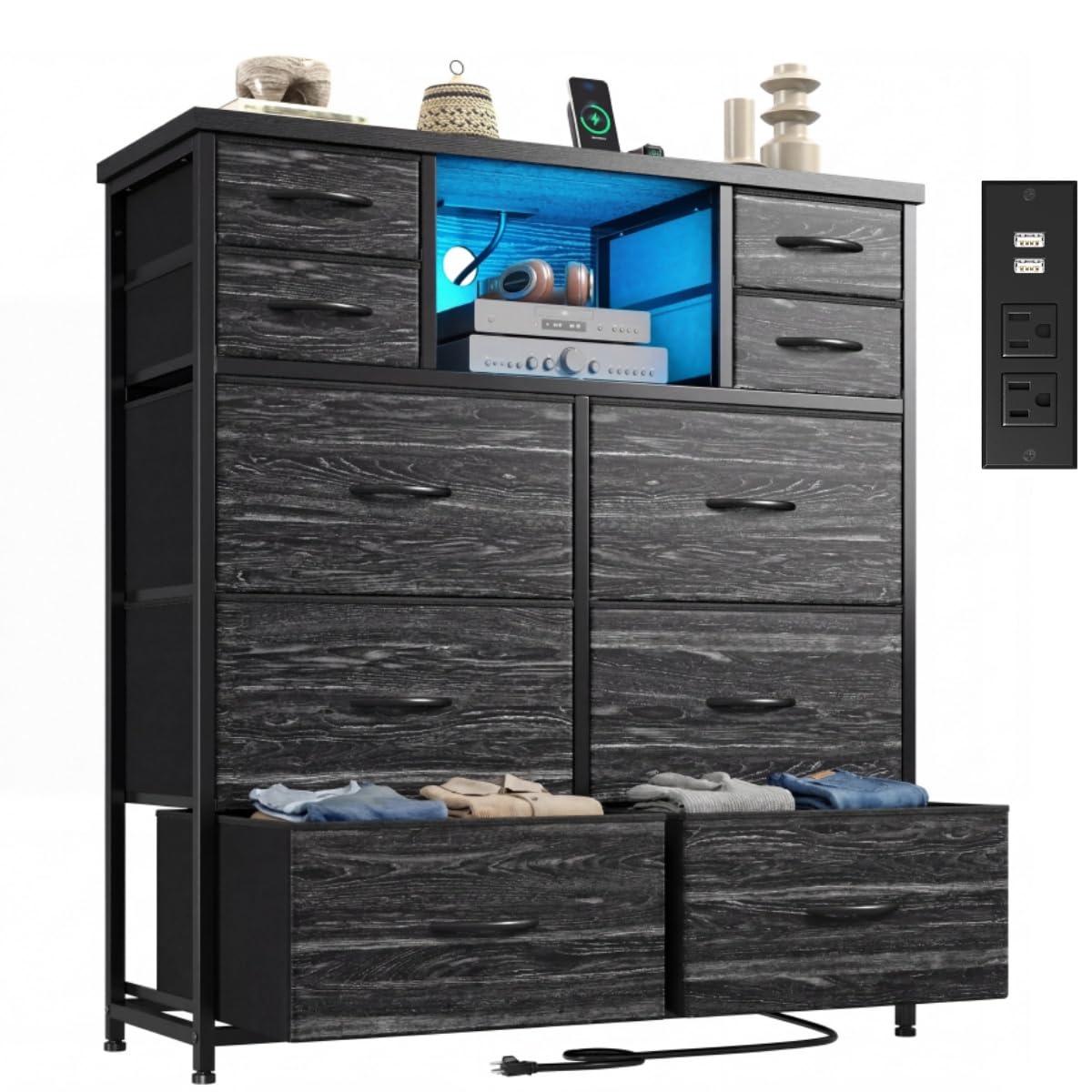 Black 10 Drawer Dresser with Charging Station W58994