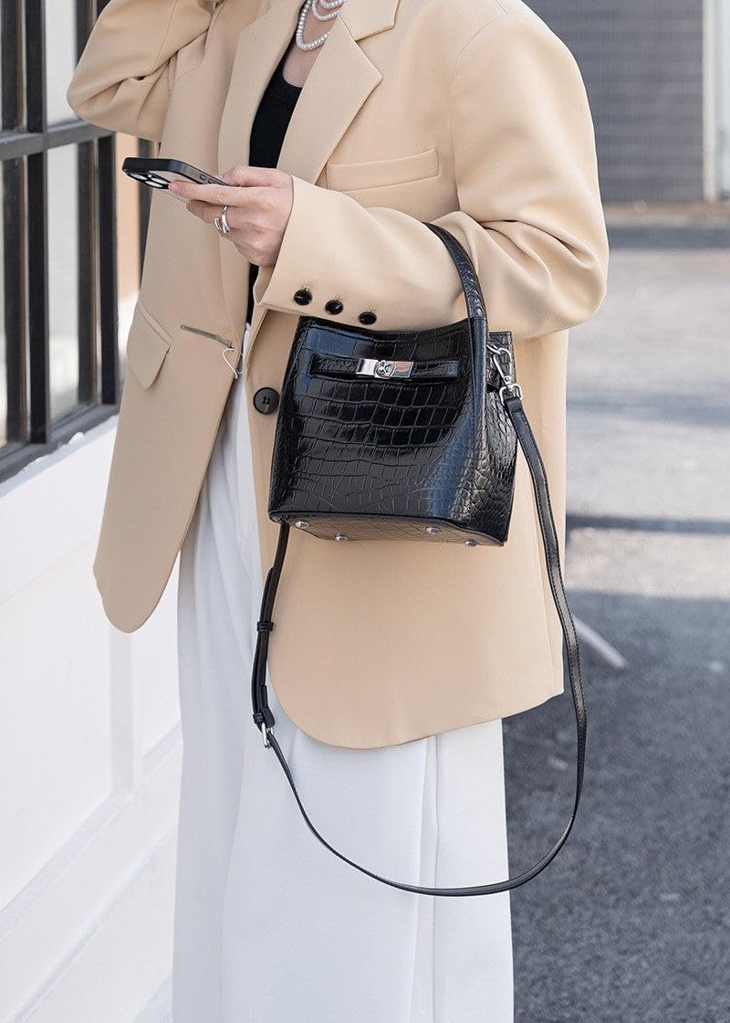 Crocodile Embossed Leather Bucket Bag A4399