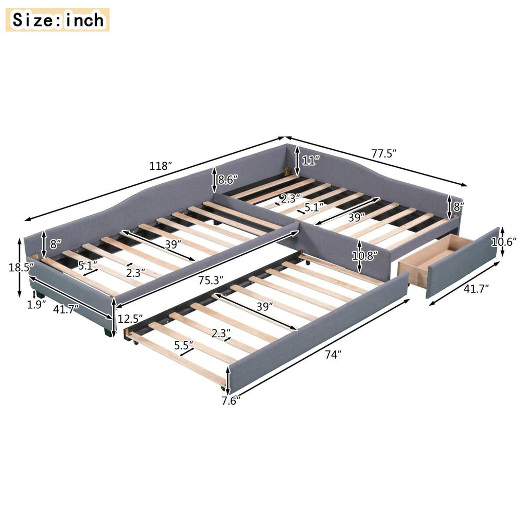 Gray L-Shaped Daybed with Trundle & Drawer J812