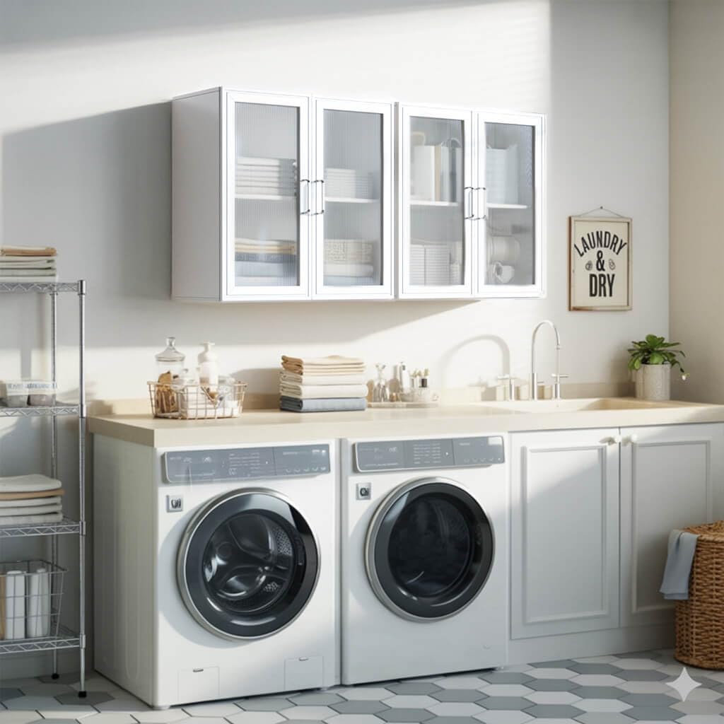 White Wall Cabinet with Acrylic Glass Doors and Adjustable Shelf, Set of 2 N94473