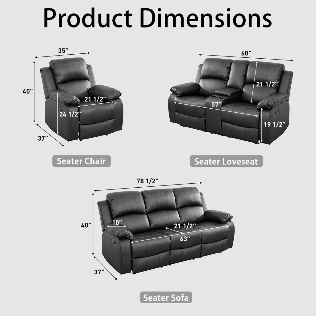 Black 3 Piece Leather Recliner Sofa Set with Cup Holders E627958