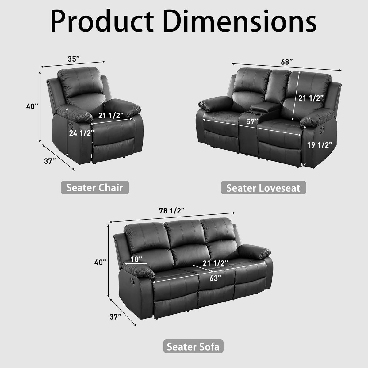 Black 3 Piece Leather Recliner Sofa Set with Cup Holders E627958