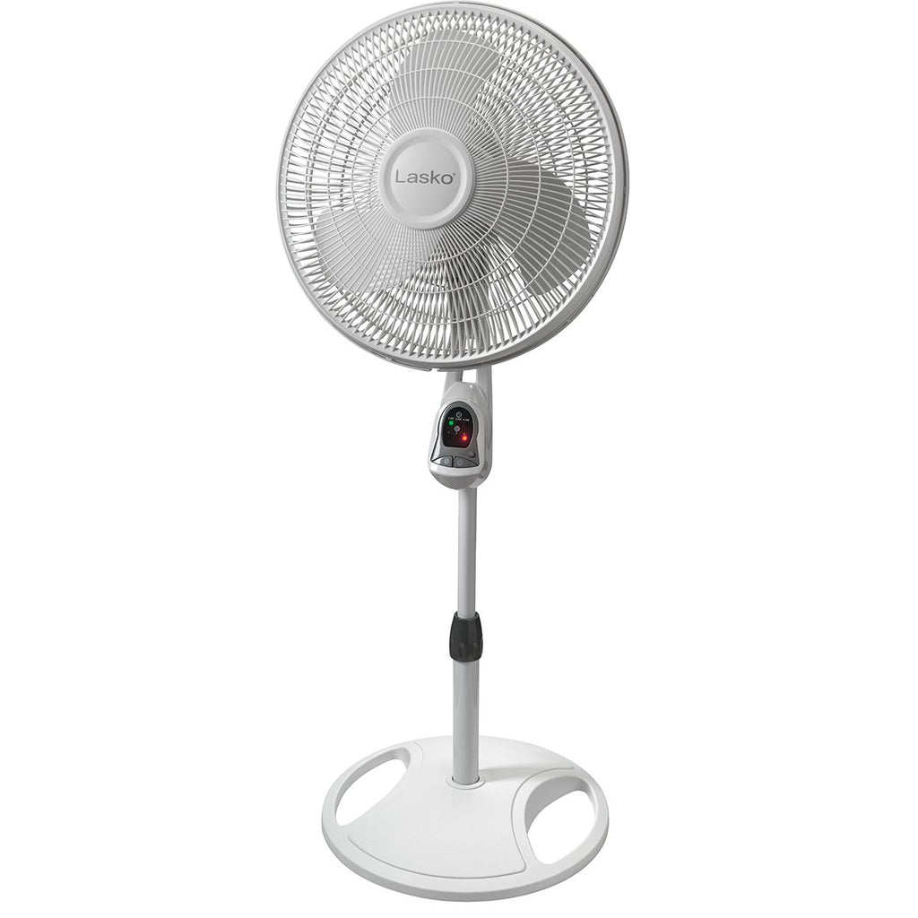 16" White Oscillating Pedestal Fan with Remote and 18" Black Adjustable Pedestal Fan V411