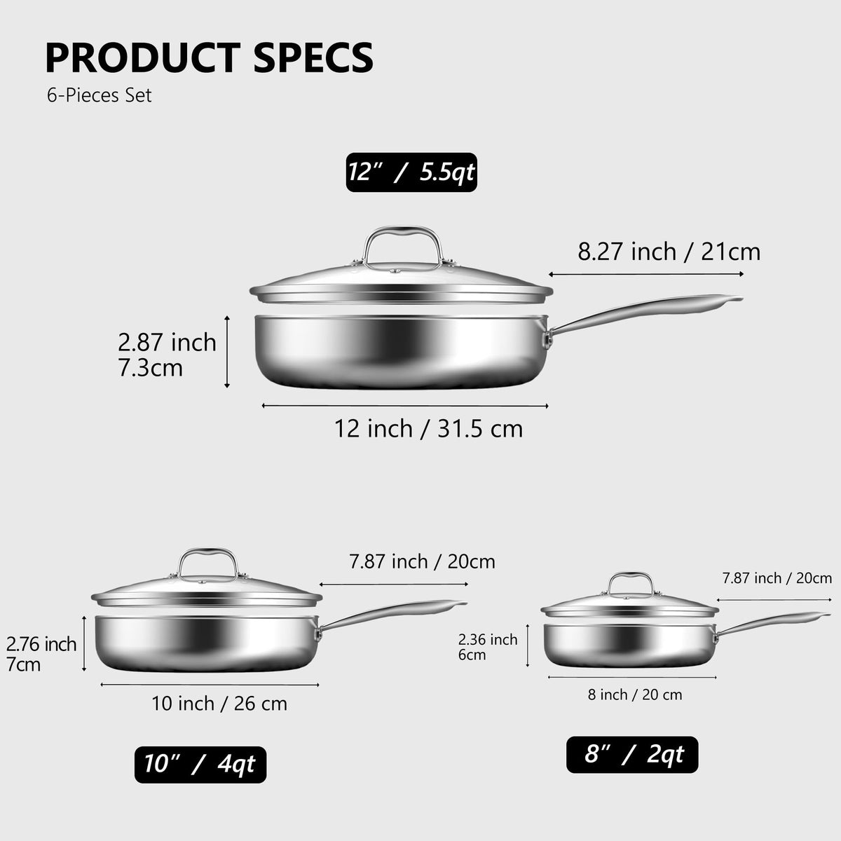 8, 10 and 12-Inch Non Stick Ceramic Frying Pans with Lids H58074