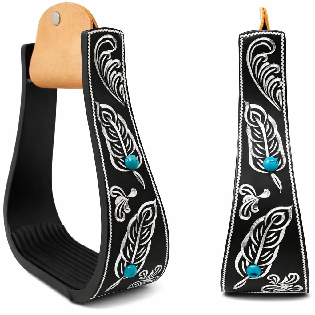 Black Aluminum Engraved Horse Saddle Stirrups S9003