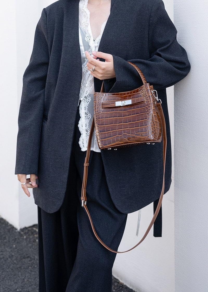 Crocodile Embossed Leather Bucket Bag A4399