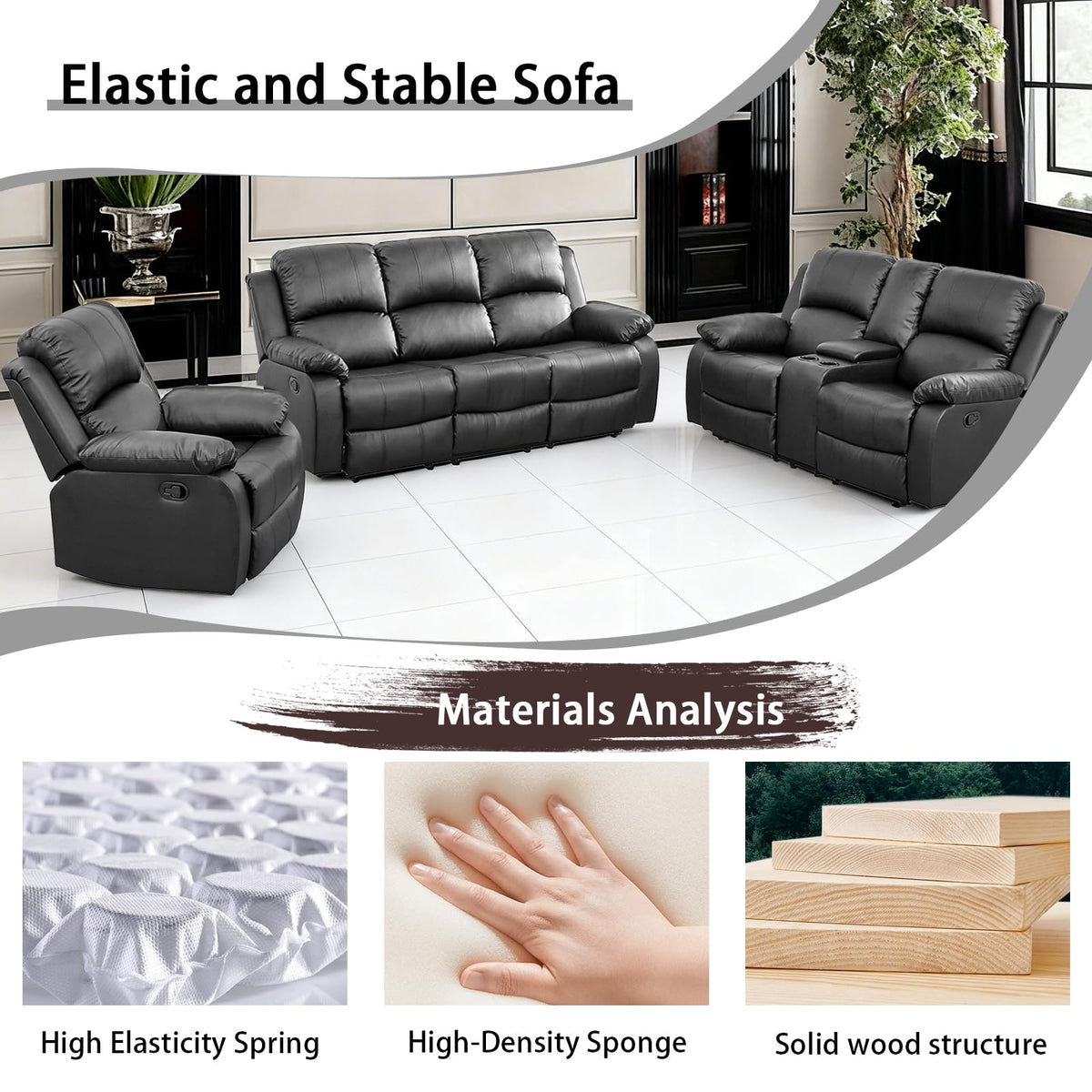 Black 3 Piece Leather Recliner Sofa Set with Cup Holders E627958