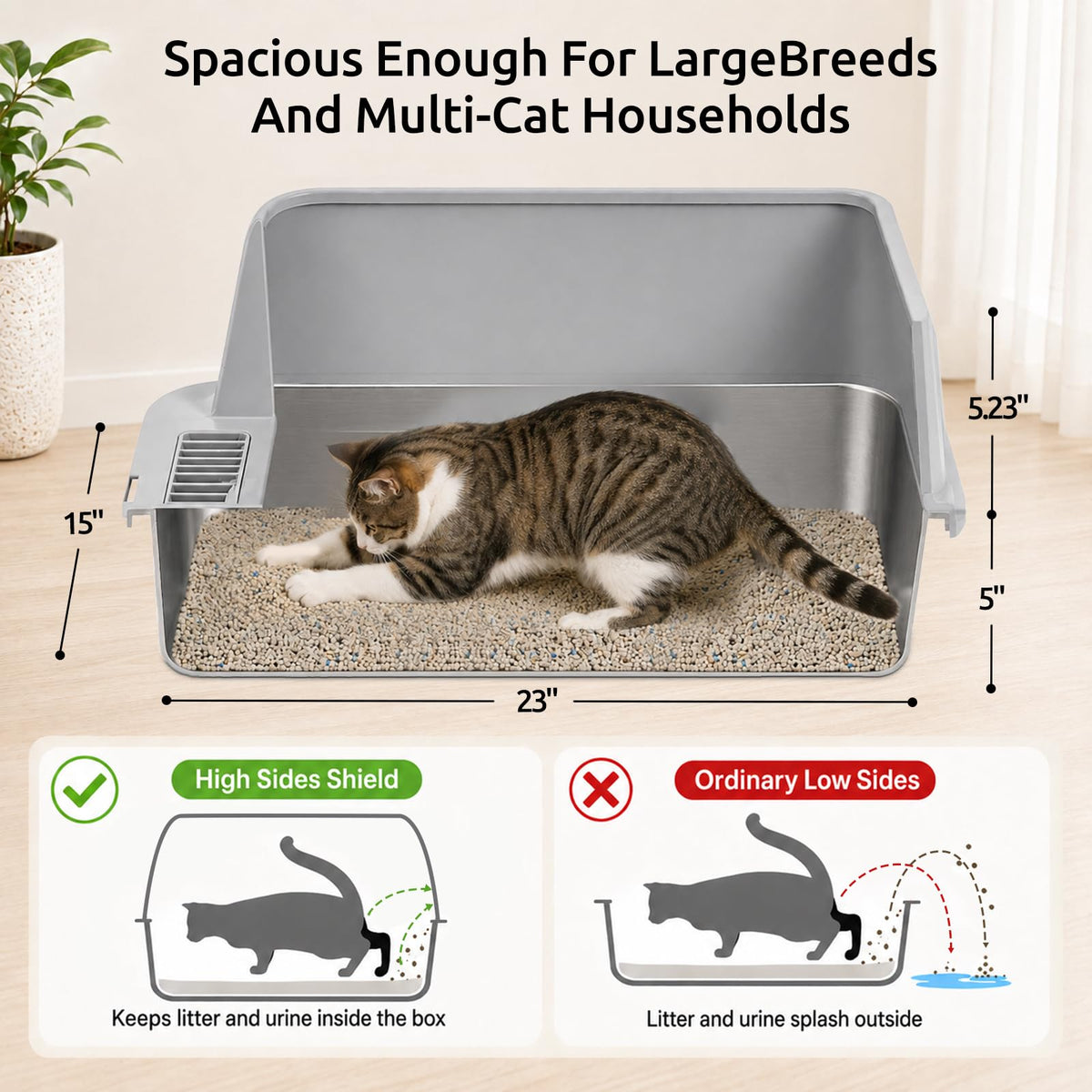 XL Stainless Steel Cat Litter Box with High Sides H6618