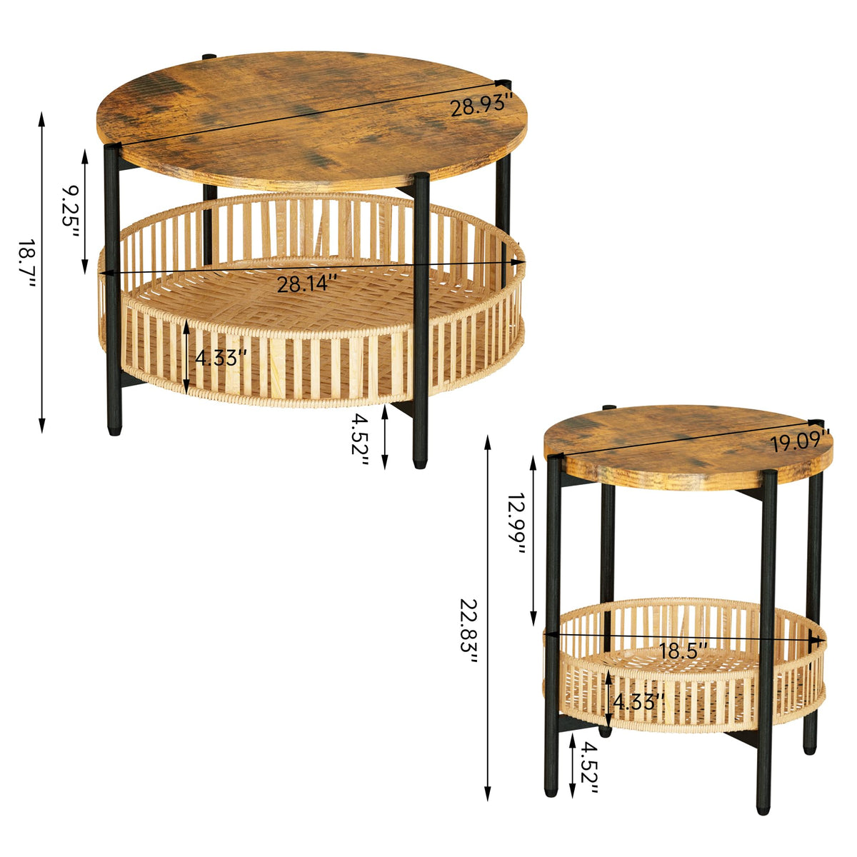 3 Pieces 2 Tier Round Rattan Coffee Table Set with Metal Frame F266470
