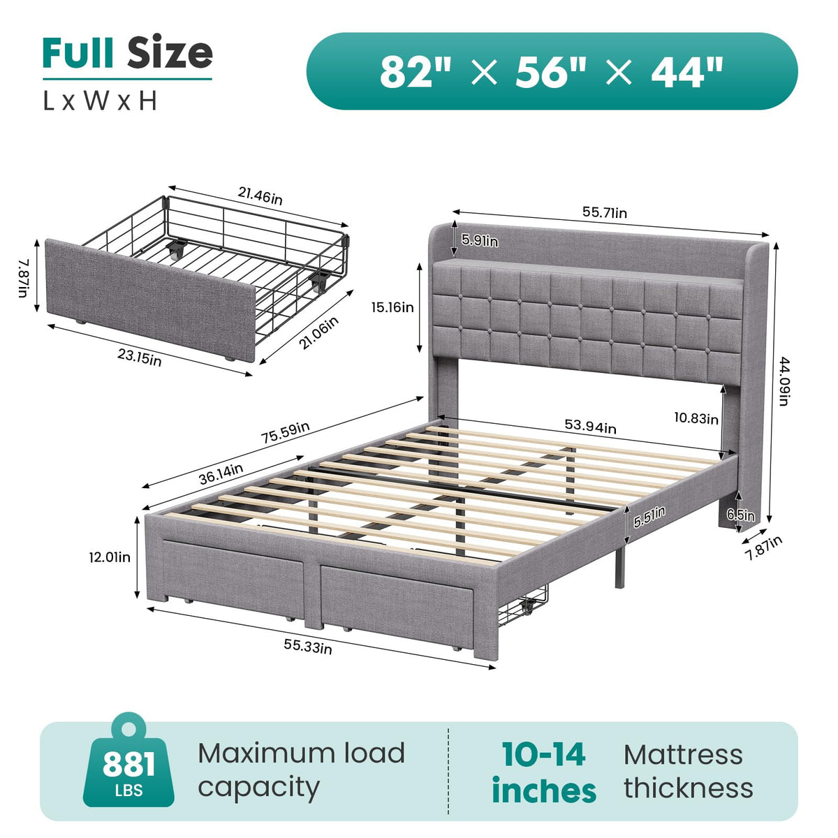 Full Upholstered Platform Bed Frame with Storage Drawers X978640