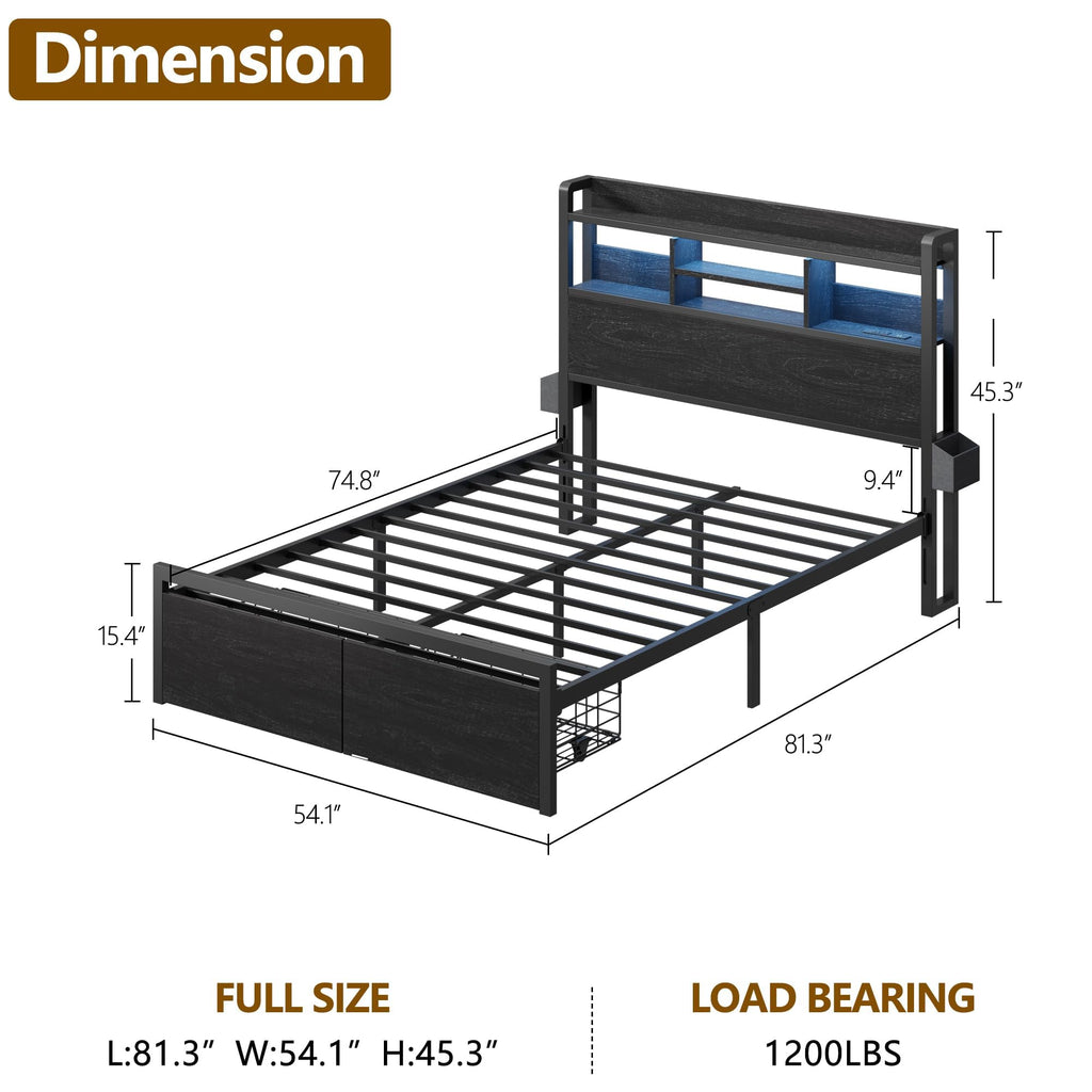 Full Size Bed Frame with Headboard and Charging Station A1559