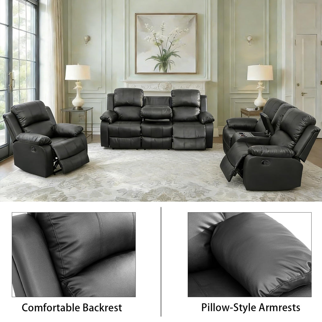 Black 3 Piece Leather Recliner Sofa Set with Cup Holders E627958