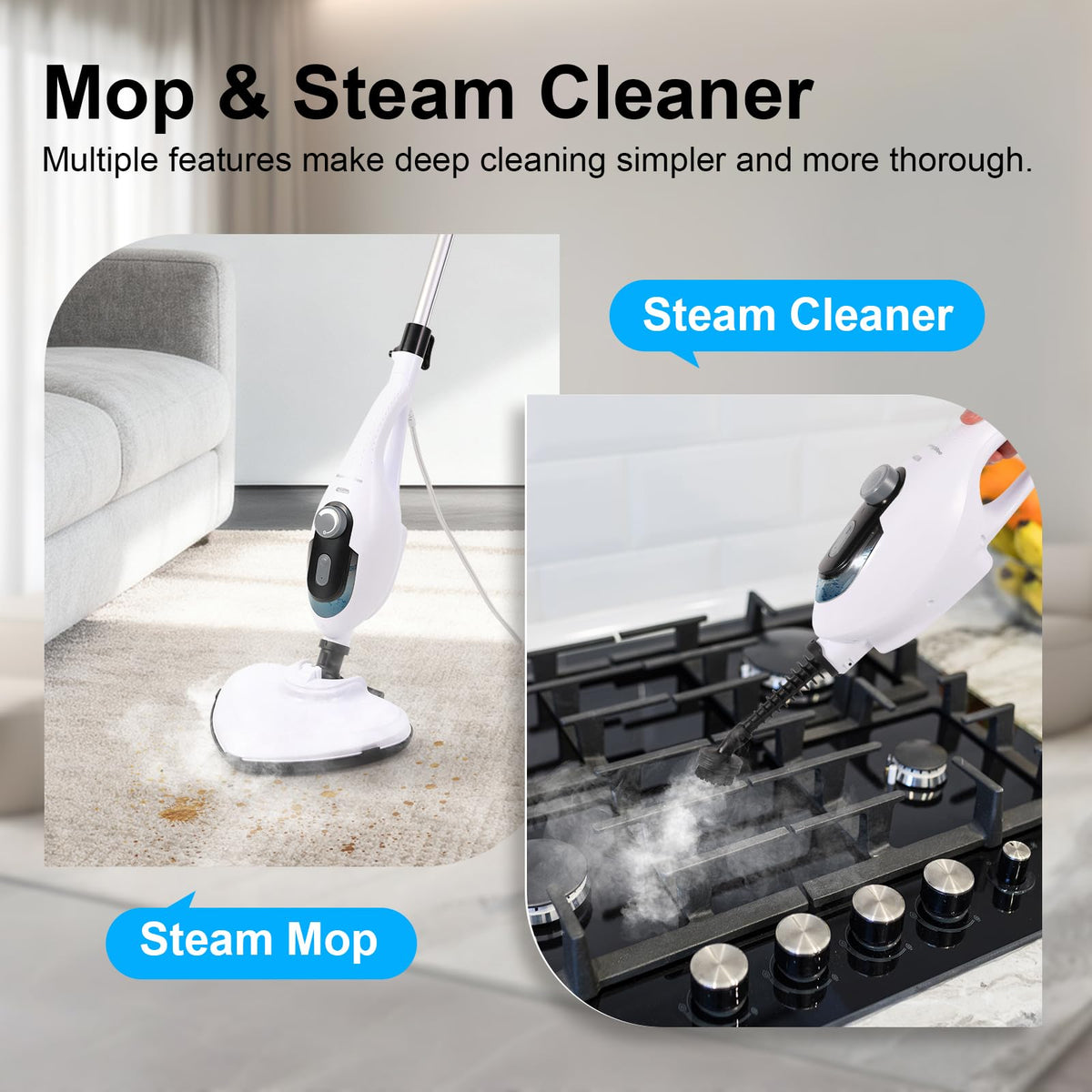 1550W 11-in-1 Steam Mop with 21.3FT Cord, White O78091