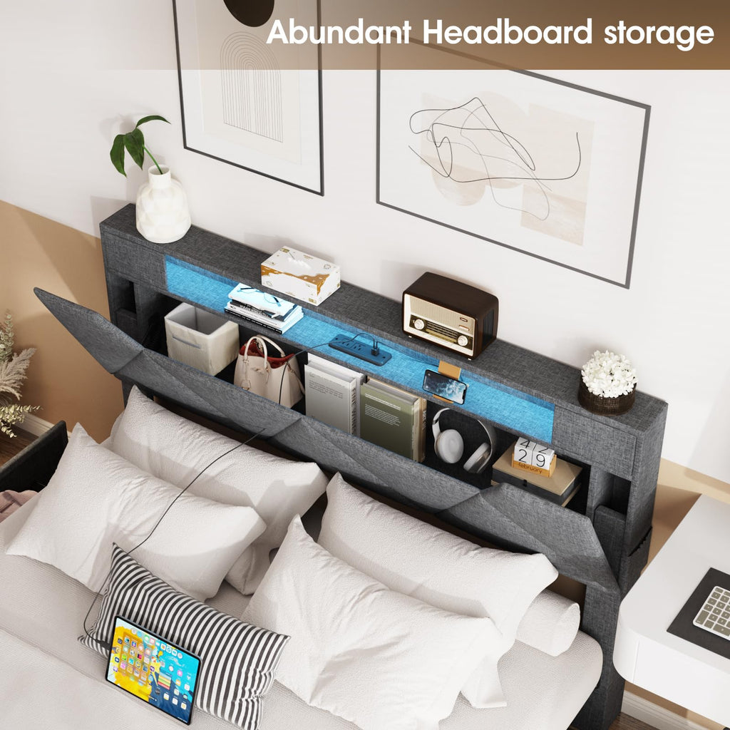 Full Size Upholstered Platform Bed Frame with Storage Headboard and 4 Drawers E33962