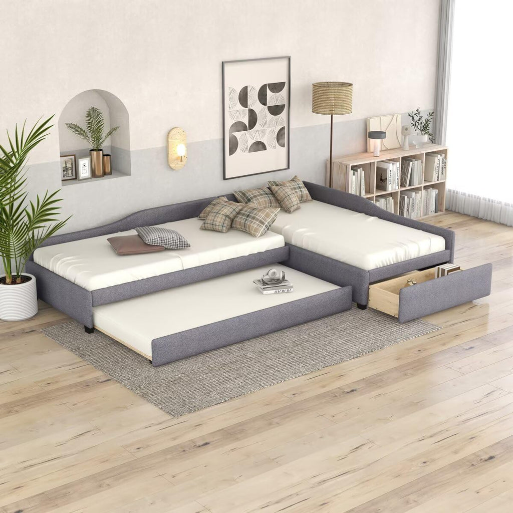 Gray L-Shaped Daybed with Trundle & Drawer J812