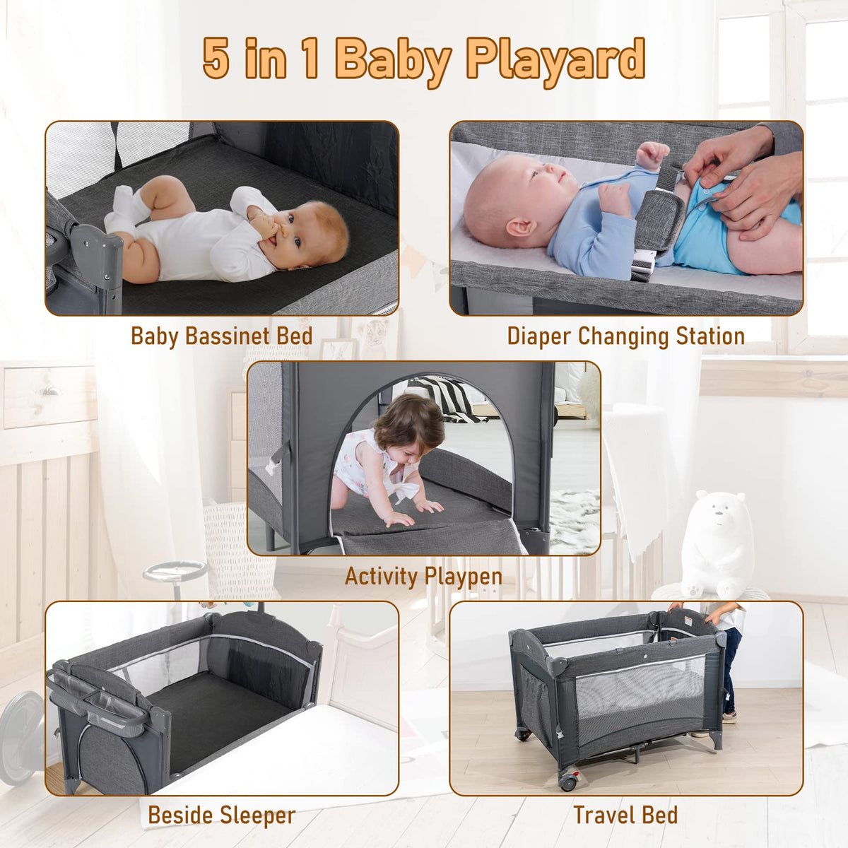5-in-1 Baby Bassinet Bedside Sleeper Playard P6086