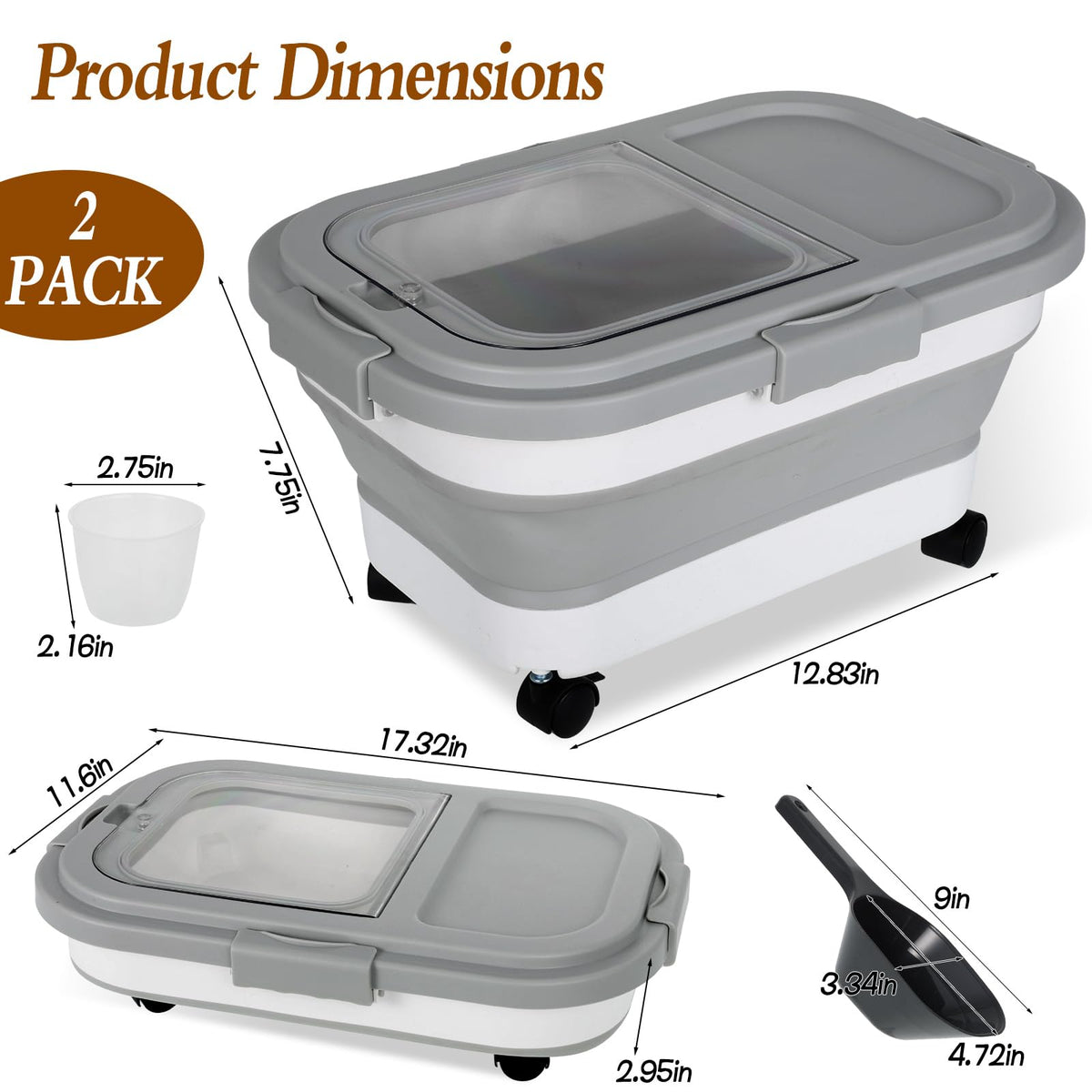 2 Pack 15Lbs Collapsible Airtight Pet Food Storage Container with Scoops I8128