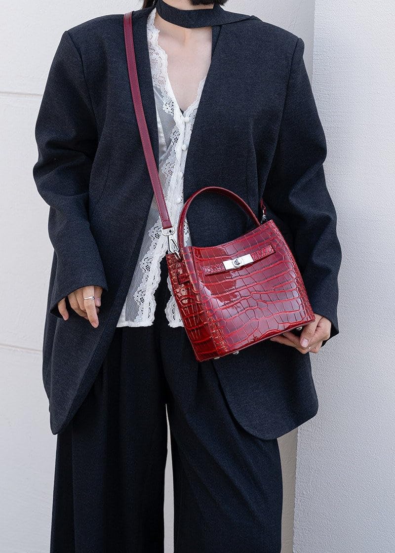 Crocodile Embossed Leather Bucket Bag A4399