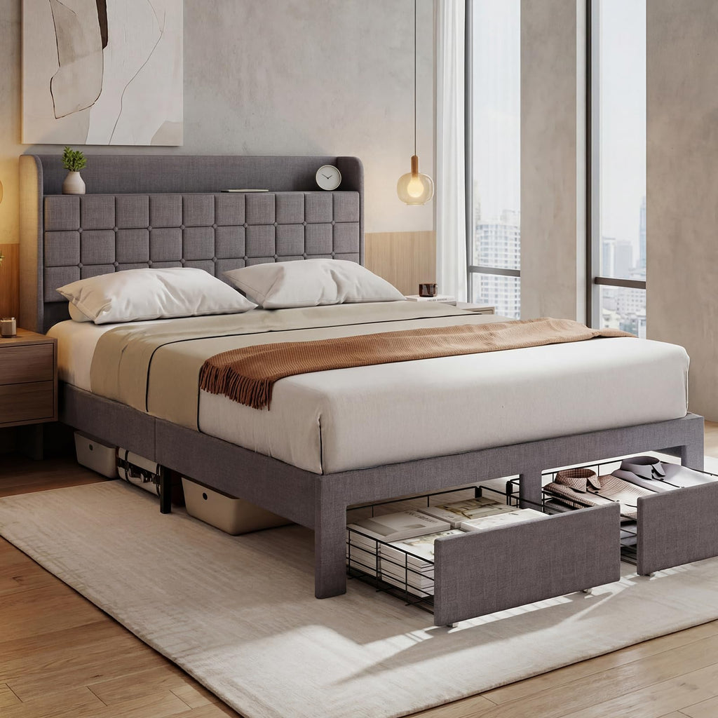 Full Upholstered Platform Bed Frame with Storage Drawers X978640