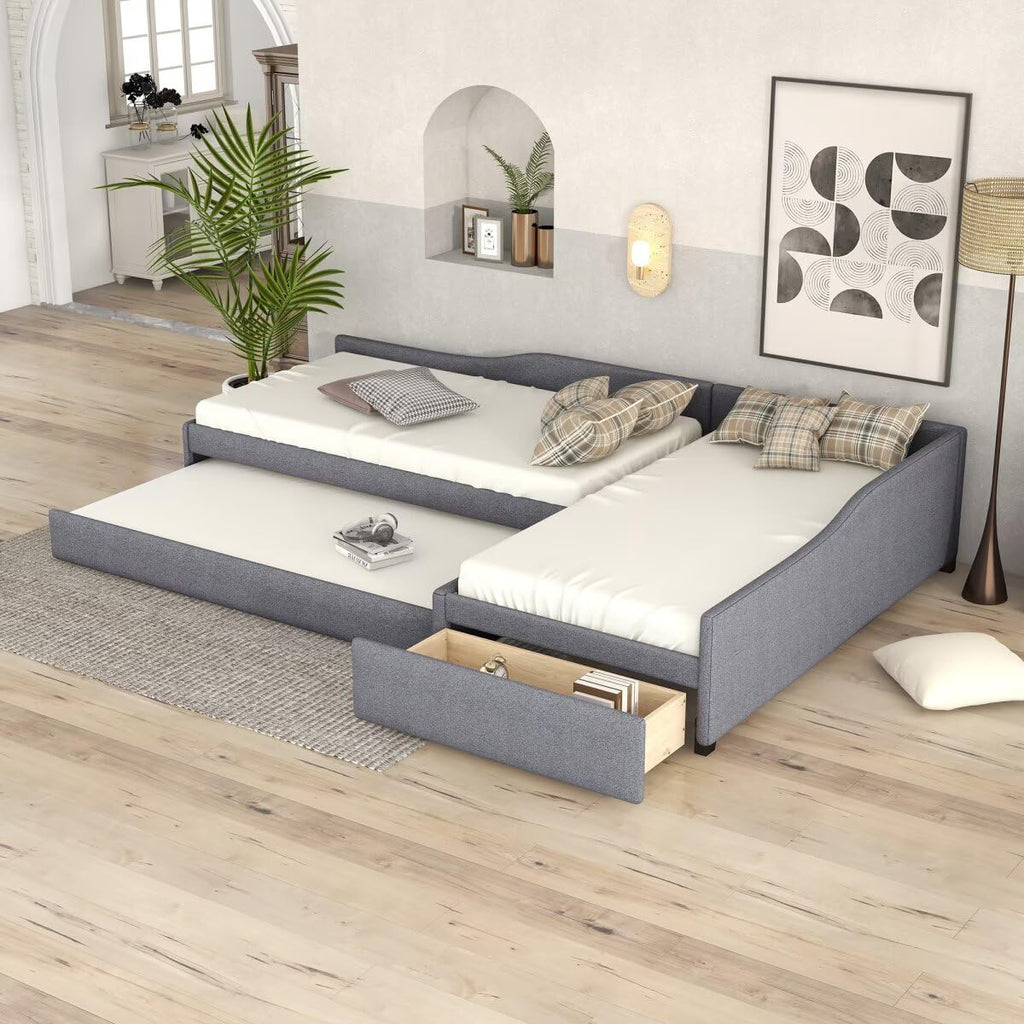 Gray L-Shaped Daybed with Trundle & Drawer J812