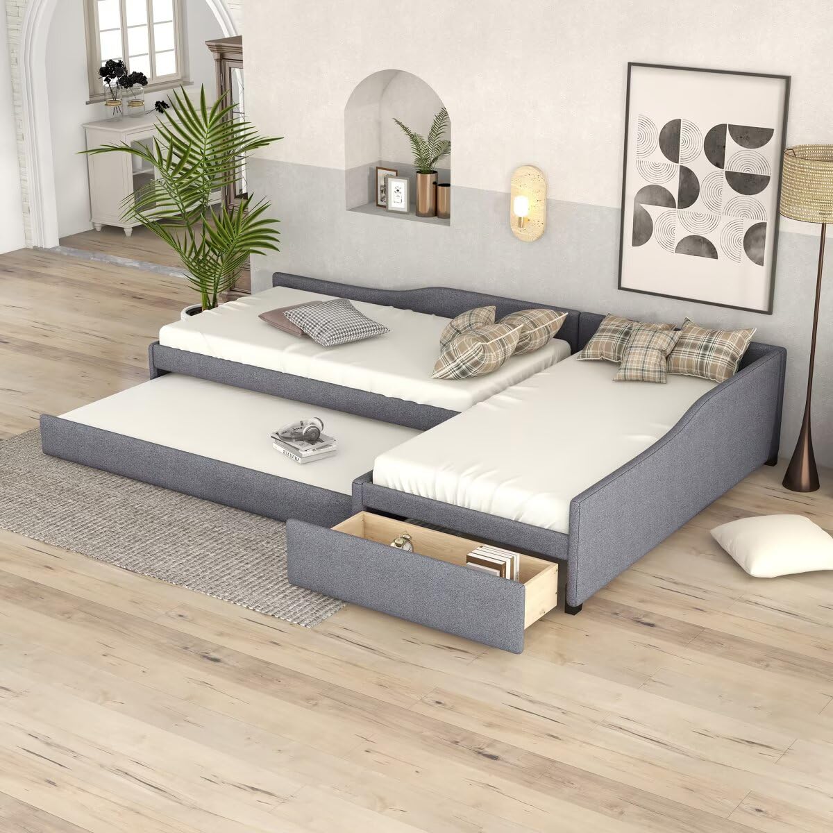 Gray L-Shaped Daybed with Trundle & Drawer J812