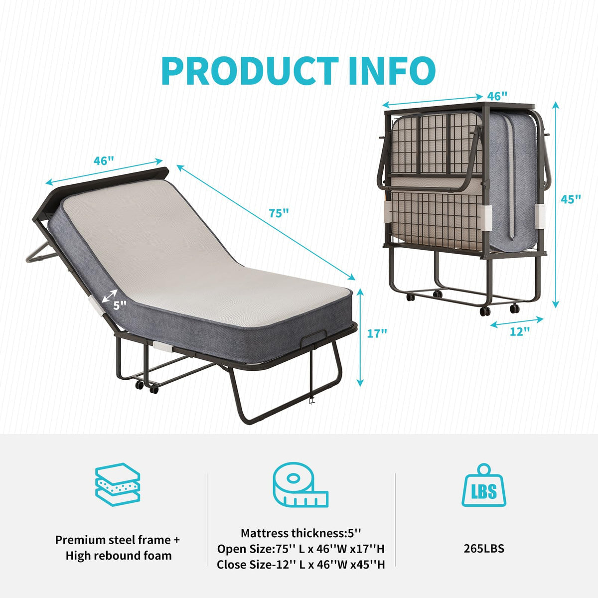 75" x 46" Folding Bed with 5" Memory Foam Mattress and Headboard S10970