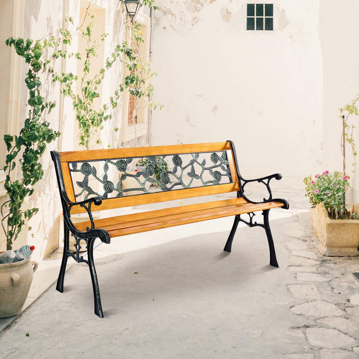 Outdoor Garden Bench with Rose Cast Backrest and Metal Legs U652985