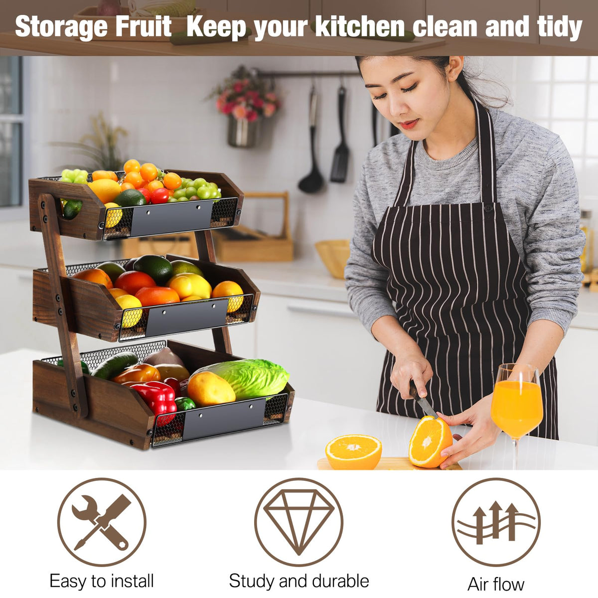 3 Tier Wooden Fruit Basket with Banana Hangers U102