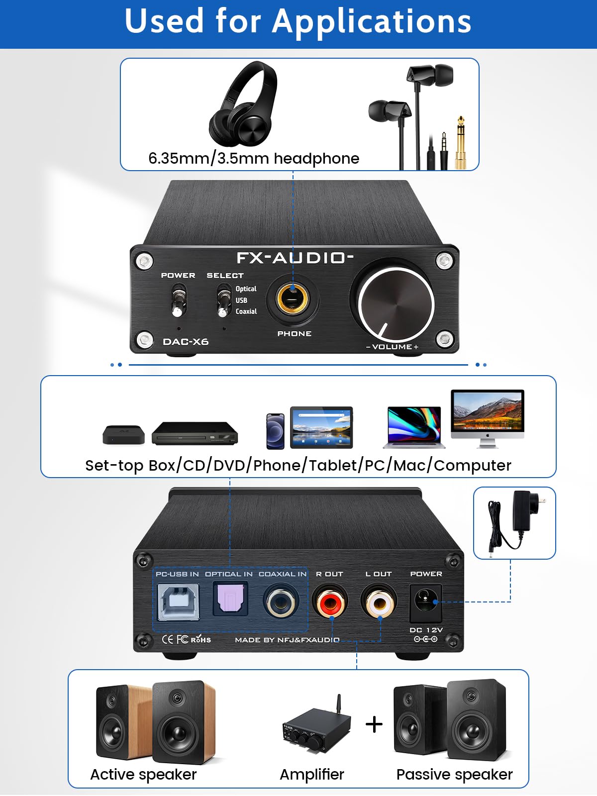 Black 24Bit/96KHz Digital Audio Decoder Headphone Amplifier J6034