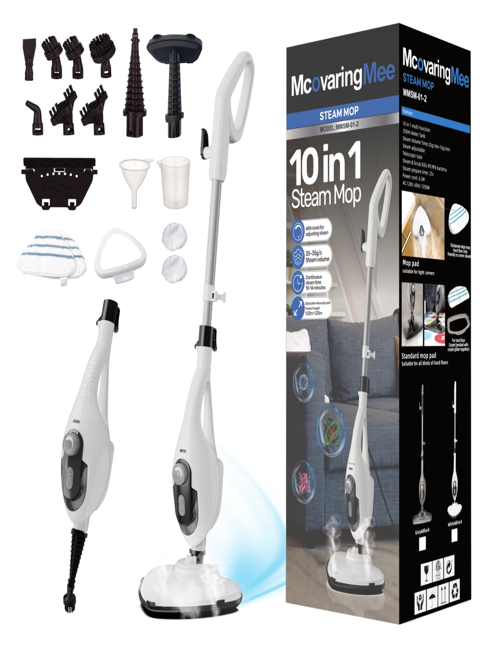 1550W 11-in-1 Steam Mop with 21.3FT Cord, White O78091