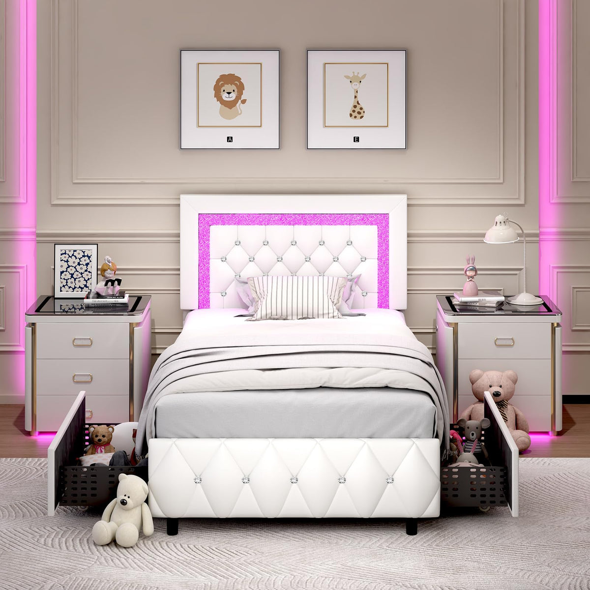White Twin Bed Frame with Storage Drawers and LED Lights L505326