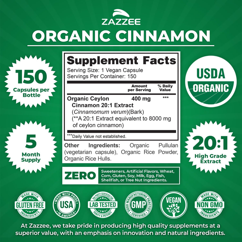 USDA Organic Ceylon Cinnamon 20:1 Extract 150 Capsules U428686