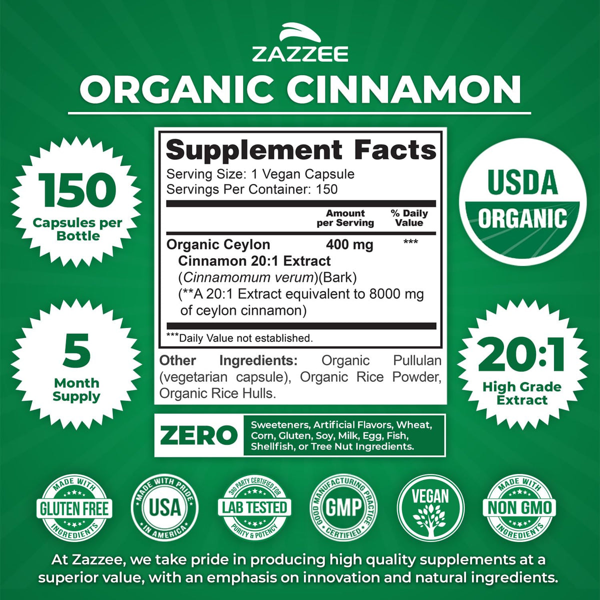 USDA Organic Ceylon Cinnamon 20:1 Extract 150 Capsules U428686