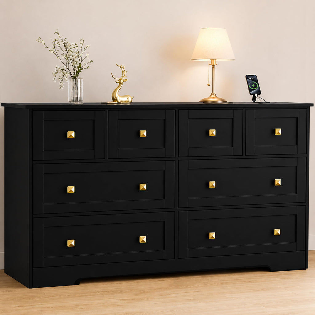 Black 8 Drawer Wood Dresser with Metal Handle C901