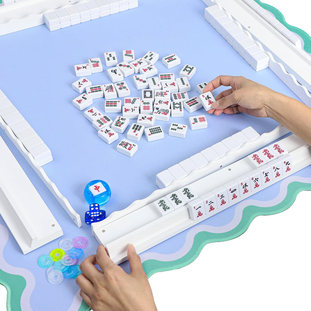 White Wooden Mahjong Racks with Pushers Set of 4 V215