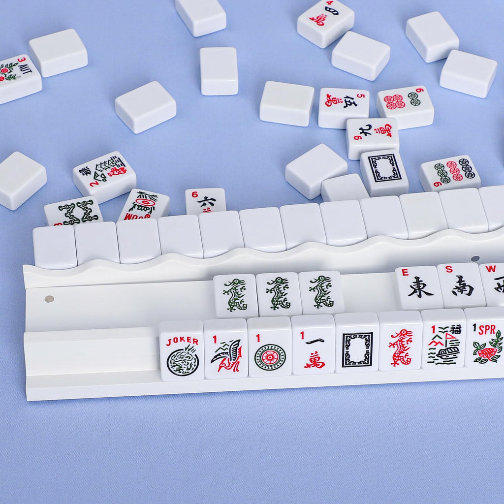 White Wooden Mahjong Racks with Pushers Set of 4 V215