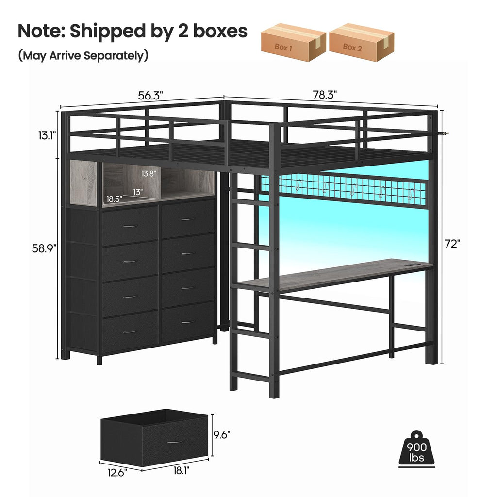 Full Size Loft Bed with Desk and 8 Storage Drawers Grey Y81670