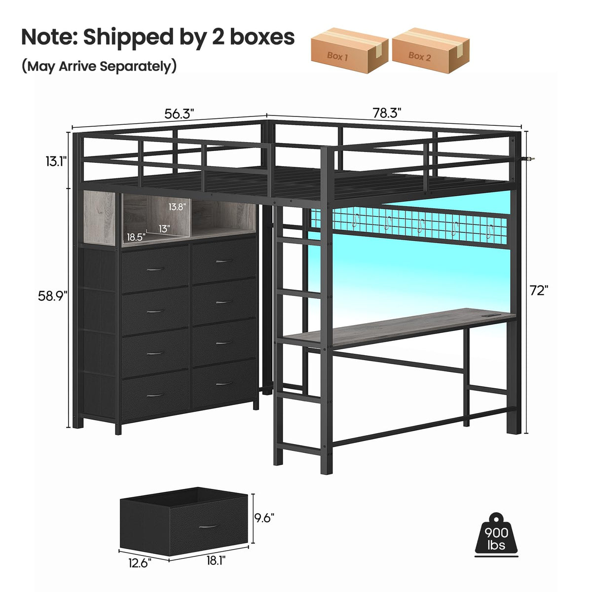 Full Size Loft Bed with Desk and 8 Storage Drawers Grey Y81670