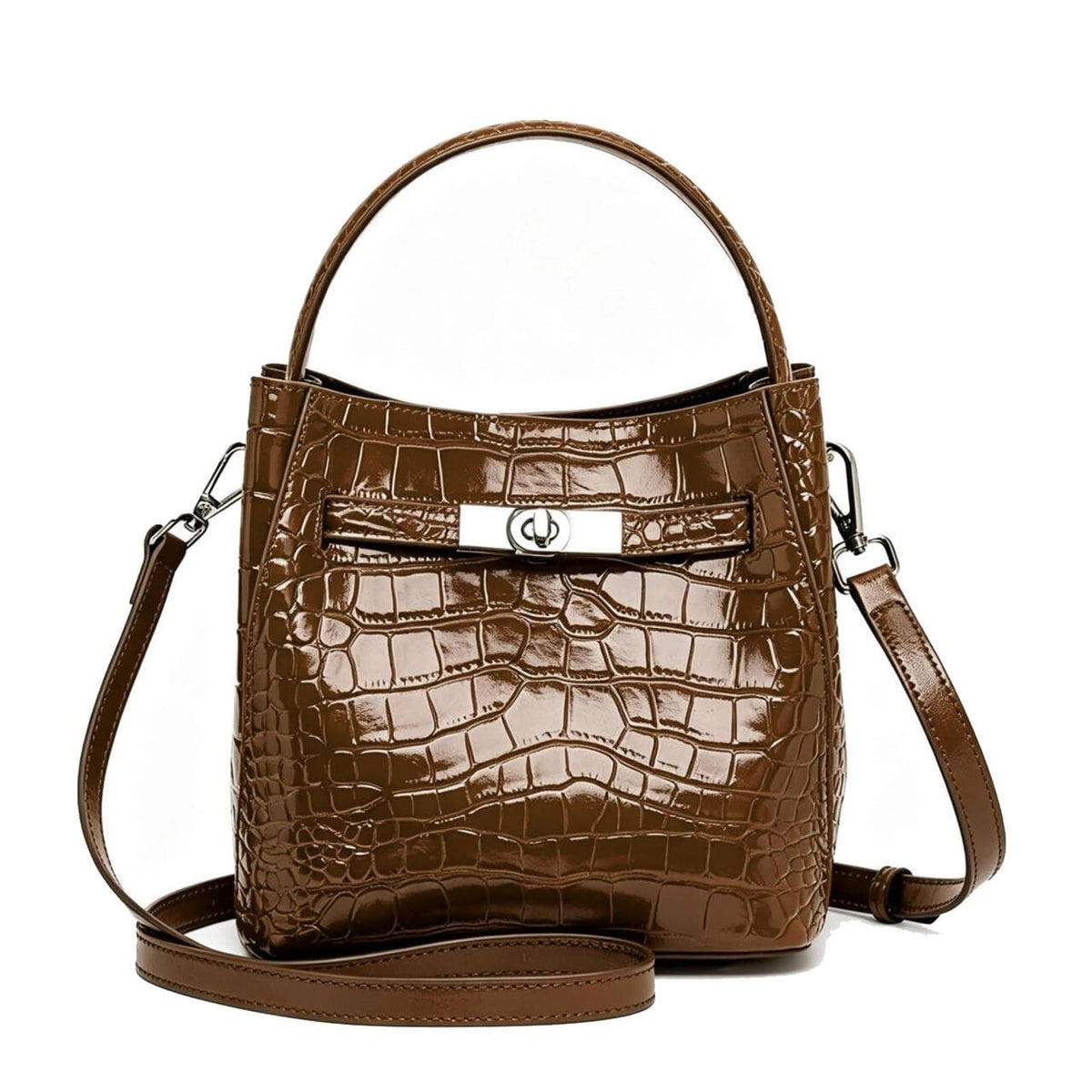Crocodile Embossed Leather Bucket Bag A4399
