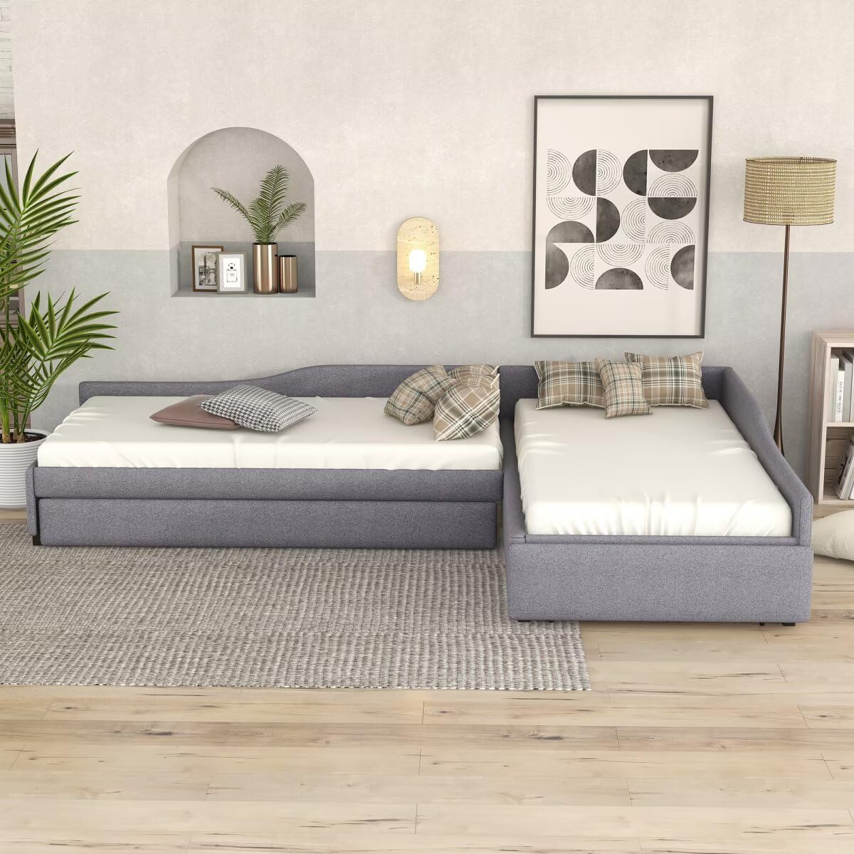 Gray L-Shaped Daybed with Trundle & Drawer J812