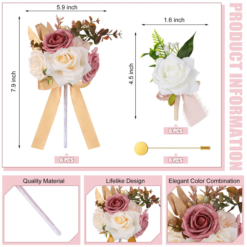 12 Pcs Artificial Bouquets and Boutonniere Set Rose White A46097
