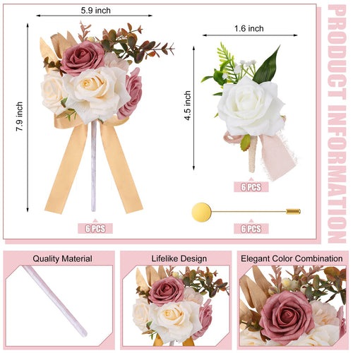 12 Pcs Artificial Bouquets and Boutonniere Set Rose White A46097