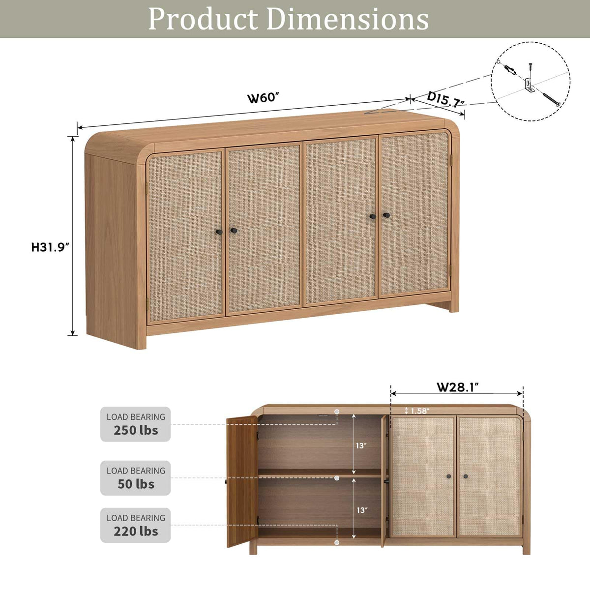 Oak Rattan Sideboard Buffet Cabinet E538790