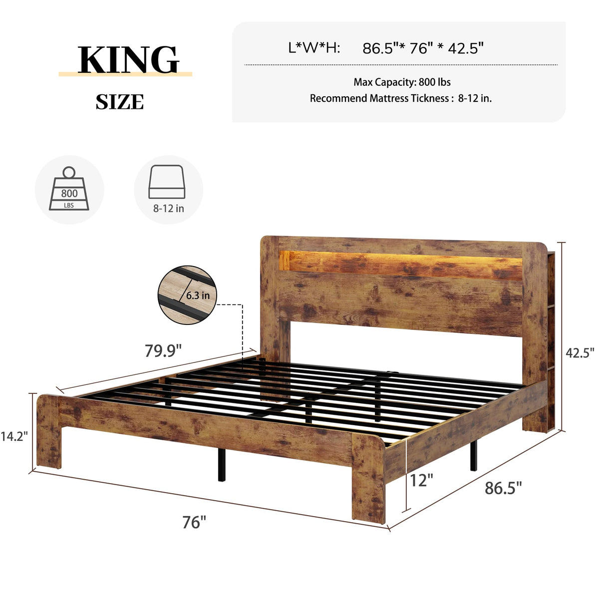 King Size Wooden Bed Frame with Storage Headboard and LED Lights F449973