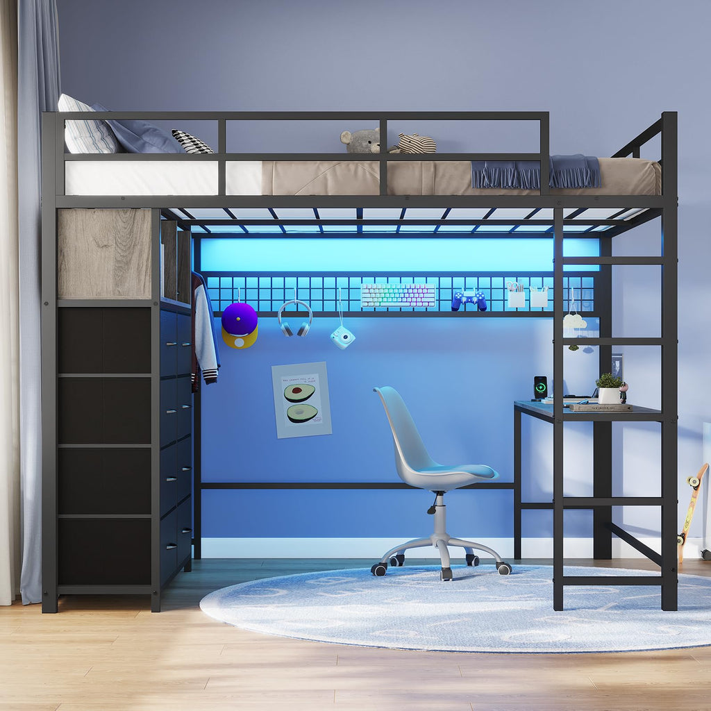 Full Size Loft Bed with Desk and 8 Storage Drawers Grey Y81670